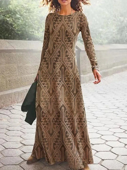 Amy Fashion - 2024 Vintage Geometric Print Long Sleeve Boho Dress