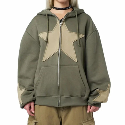 Y2K Spring Autumn Long Sleeve Star Zip Up Streetwear Hoodie