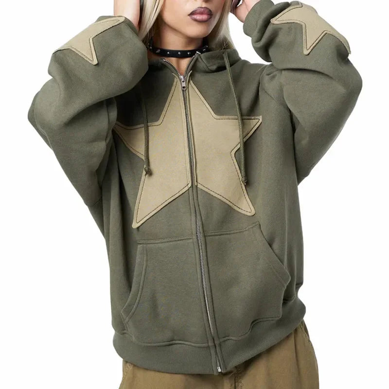 Y2K Spring Autumn Long Sleeve Star Zip Up Streetwear Hoodie