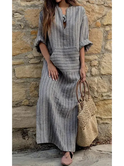 Amy Fashion - 2024 Summer Striped Cotton Linen Oversize Long Boho Dress