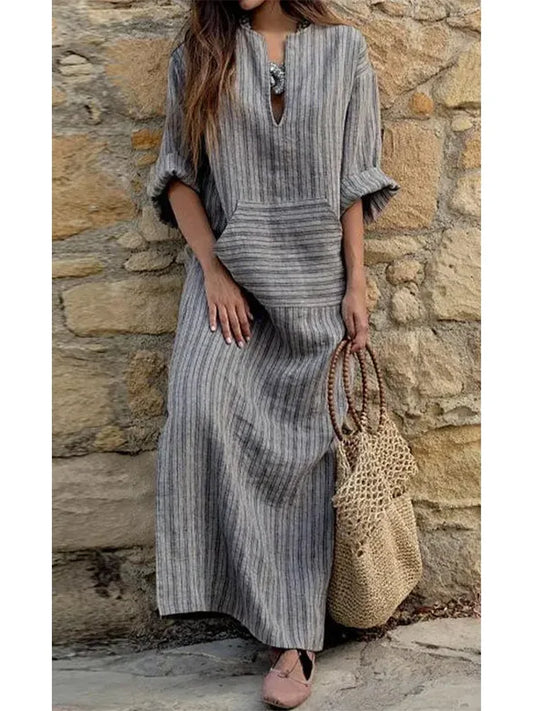 Amy Fashion - Summer Striped Cotton Linen Oversize Long Boho Dress