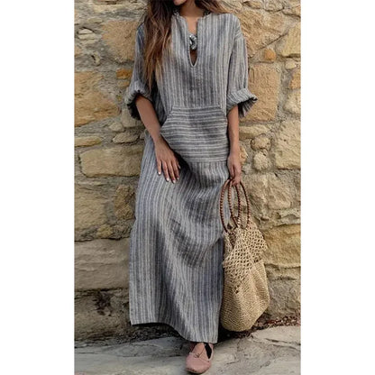 Amy Fashion - 2024 Summer Striped Cotton Linen Oversize Long Boho Dress