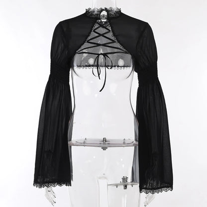 Gothic Punk Lace Flare Sleeve Cropped Sheer Elegant Steampunk Cozy Cardigan