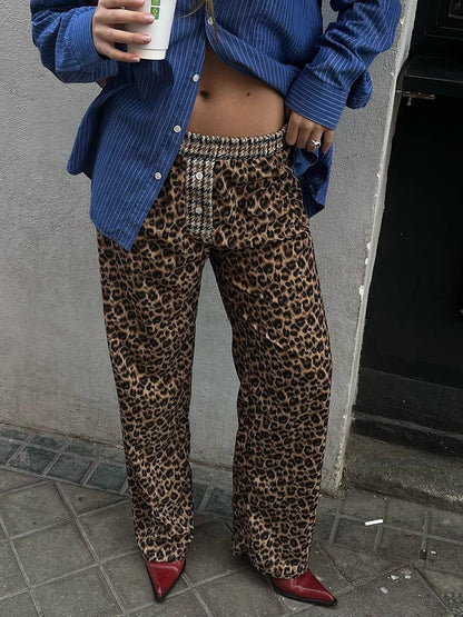 Elastic Waistband Leopard Houndstooth Print Casual Pants