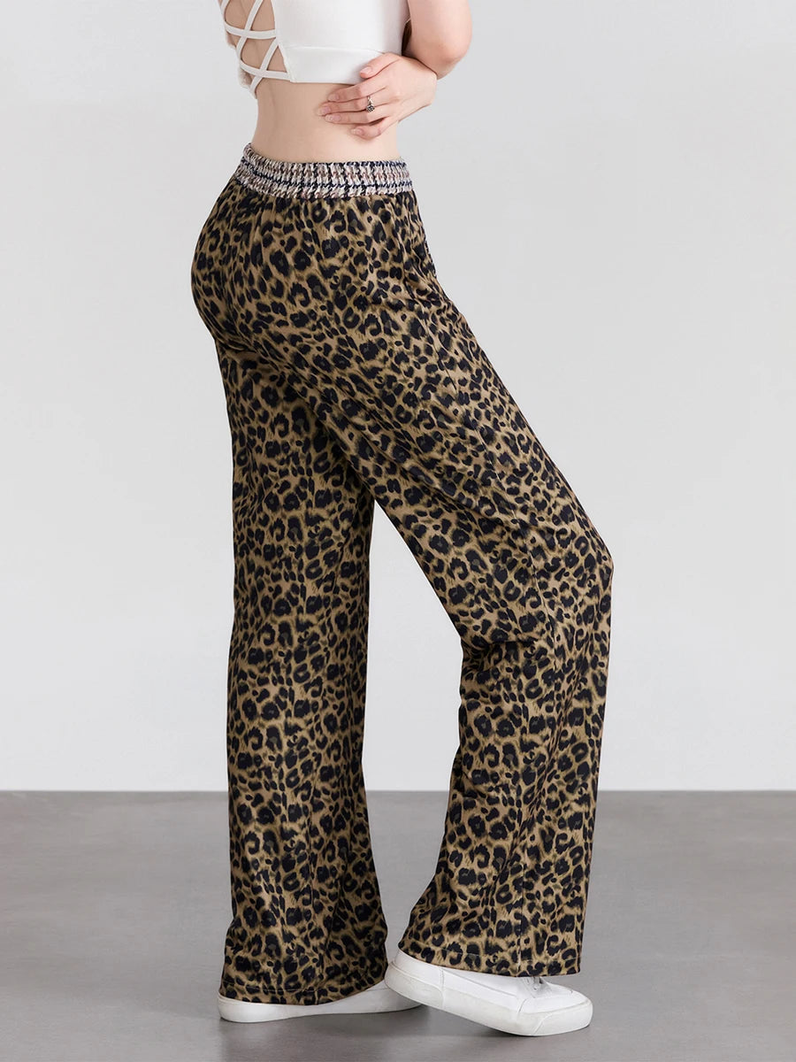 Elastic Waistband Leopard Houndstooth Print Casual Pants