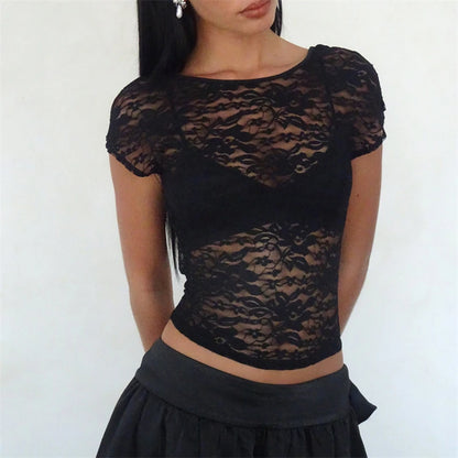 Black Sheer Lace Aesthetic See Through Short Sleeve Open Back Summer Slim Fit Crop Top