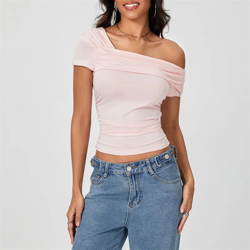 Oblique Shoulder Solid Color Sleeveless Cropped Aesthetic Streetwear Crop Top