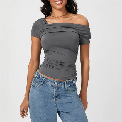 Oblique Shoulder Solid Color Sleeveless Cropped Aesthetic Streetwear Crop Top