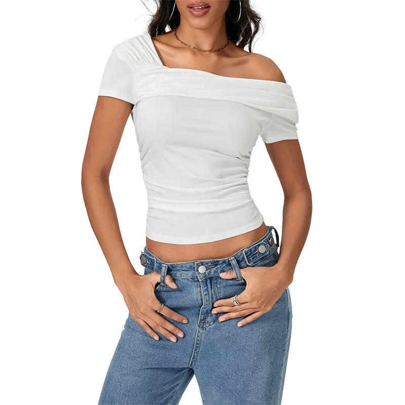 Oblique Shoulder Solid Color Sleeveless Cropped Aesthetic Streetwear Crop Top