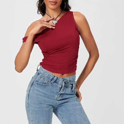 Y2k Solid Color Oblique Shoulder Sleeveless Aesthetic Summer Streetwear Crop Top