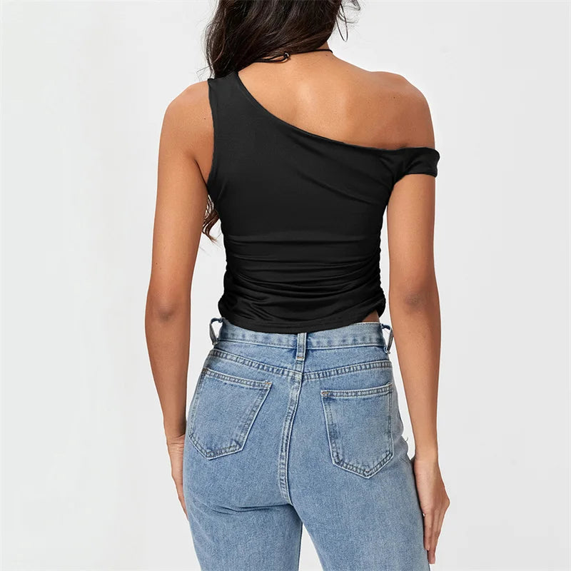 Y2k Solid Color Oblique Shoulder Sleeveless Aesthetic Summer Streetwear Crop Top