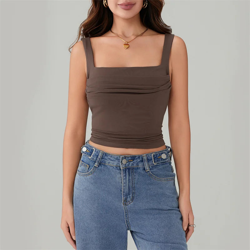 Y2k Casual Solid Color Square Collar Sleeveless Basic Streetwear Crop Top