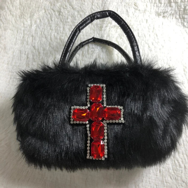 Bag Punk Y2K Gothic Applique Shoulder Harajuku Hop Soft Cross Black Plush Hip