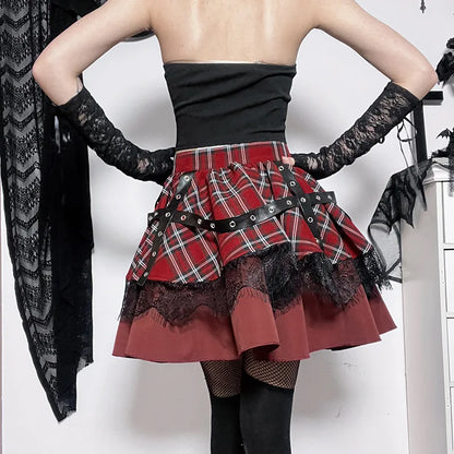 Pleated Gothic Cake Sweet Y2k Plaid Lace Skirt Girls Mini Harajuku Lolita Kawaii