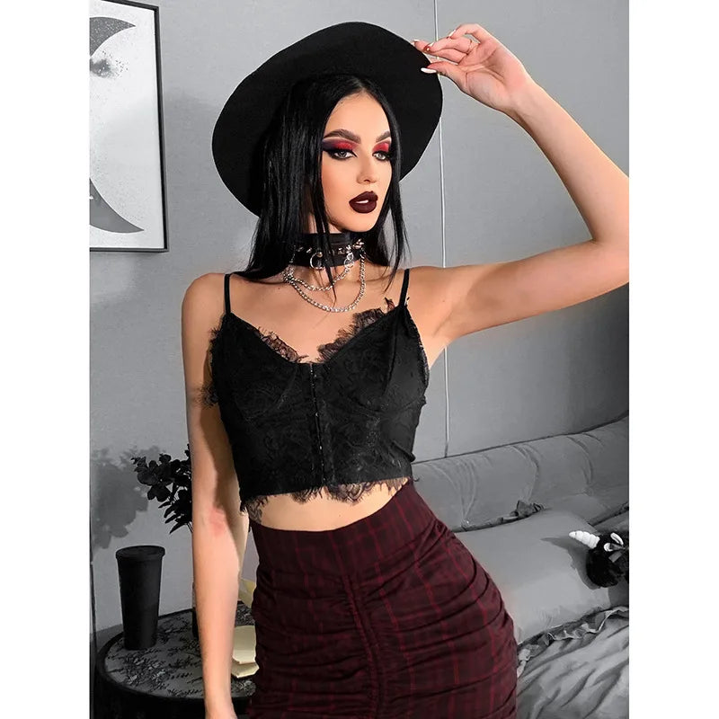 Grunge Sexy Fairy V-neck Crop Top Gothic Lace Dark Punk