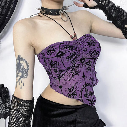 Bandeau Top Flocked Irregular Sexy Gothic Backless Crop Halterneck