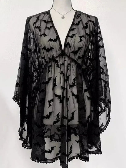 Through Dress Grunge Night Bat See Lace Graphic Aesthetic Chiffon Goth Black E-Girls Club