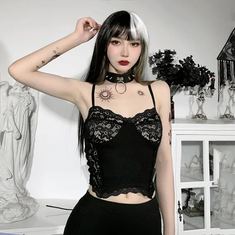 Punk Gothic Suspender Crop Top Lace