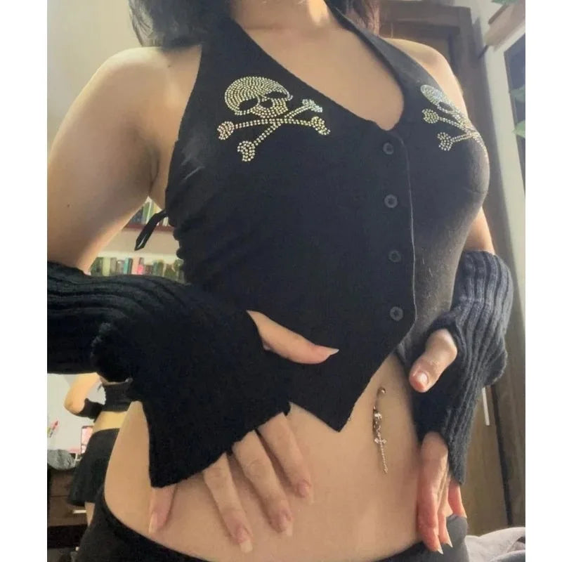 Gothic Hanging Skull Neck Crop Top Printed