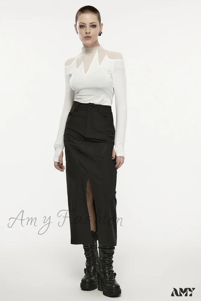 A-Line Mid-Length Metal Slit V-Shaped Engraved Skirt Front Women’s Dark Daily Snap Button Black / S