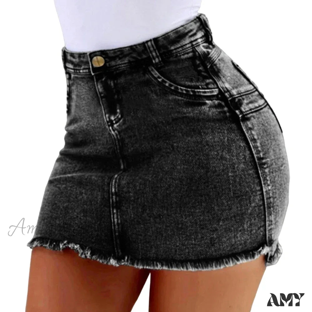 A-Line Sexy Vintage Denim Elegant Slim Bodycon Mini Skirt Black / S