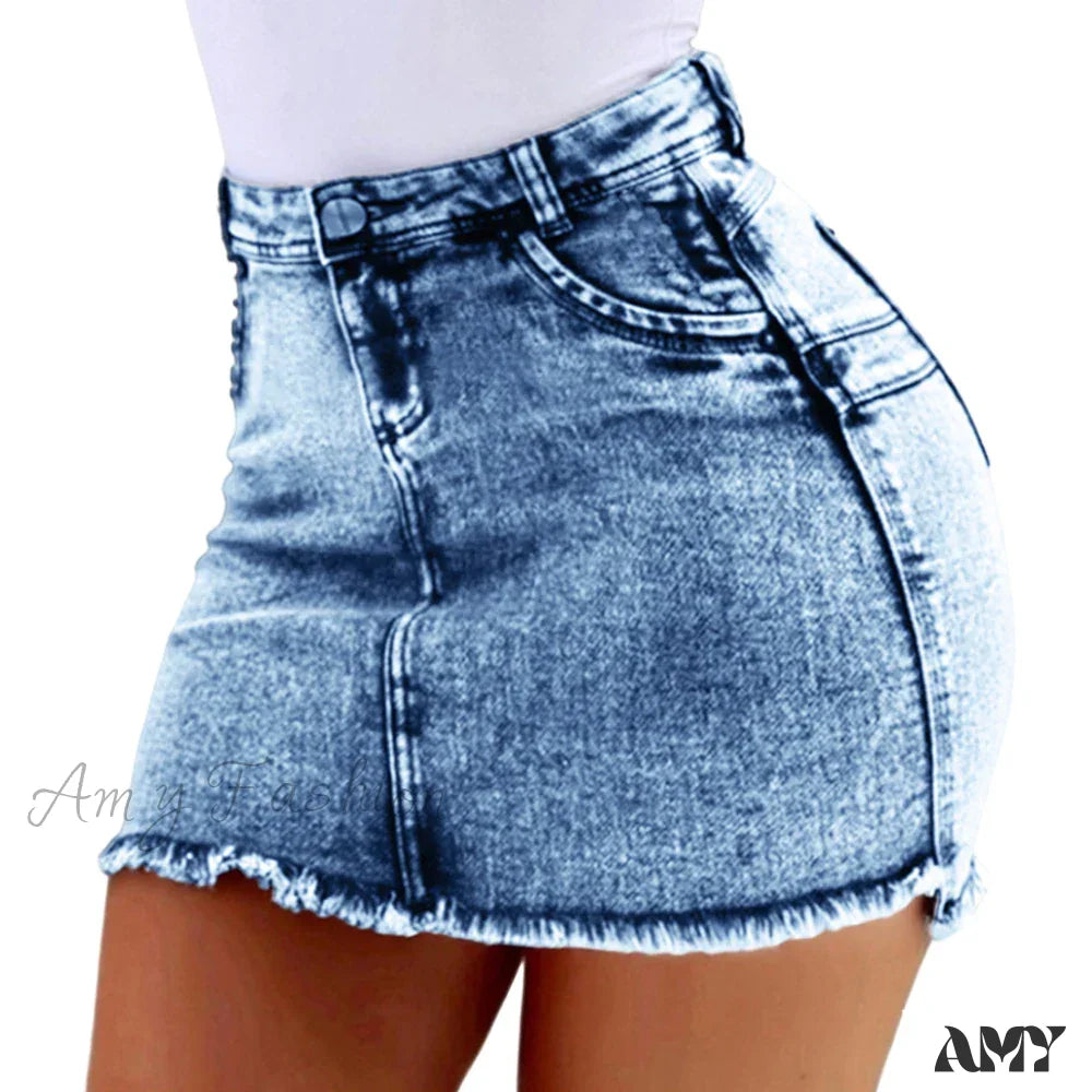 A-Line Sexy Vintage Denim Elegant Slim Bodycon Mini Skirt Light Blue / S