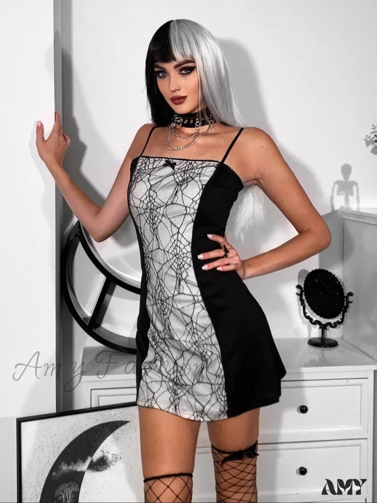 A-Line Sleeveless Patchwork Strap Spider Club Bodycon Spaghetti Velvet Dress Gothic Web White / S