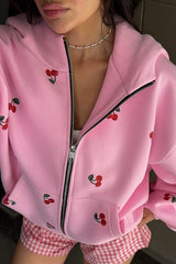 Cherry Print Loose Street Fashion Hoodie