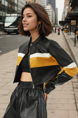 Sexy Contrast-Panel PU Stand-Collar Slim Crop Jacket