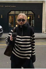 Laid-back Retro Lapel Half-zip Striped Sweater