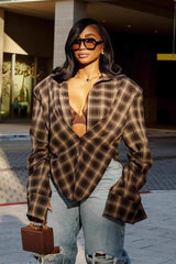 Plaid Collared Asymmetrical Loose Blouse