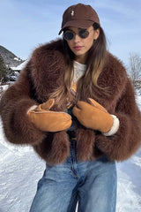 Slouchy Lapel Thick Faux Fur Effect Plush Winter Coat