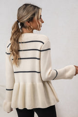 Striped V Neck Slouchy Loose Long Sleeve Knit Cardigan