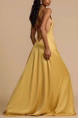 Satin Deep V Backless Maxi  Silk Dress
