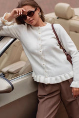 Crew Neck Layered Trim Long Sleeve Casual Knit Cardigan