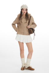 Fuzzy Collar Slim Hooded Short Knit Cardigan