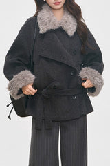Petite Faux Fur Collar Thick Wool Blend Chic Coat