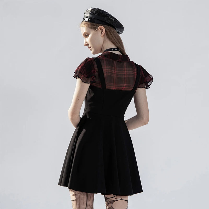 Falbala Short Sleeves A-line Rivets Ruffle V-neck Sexy Plaid Splicing Gothic Dress