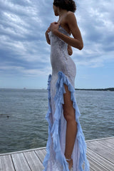 Sheer Sequin Ruffle 3D Floral Fringe Slip Dress