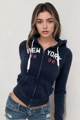 Short Fitted Drawstring Zip-Up Letter Print Hoodie