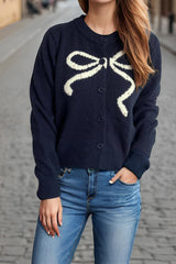 Solid Bow Jacquard Round Christmas Cardigan