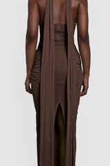 Silver Ribbon Backless Waist Cinch Maxi Bodycon Dress