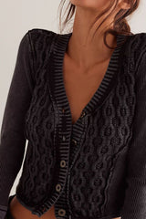 V Neck Chunky Cable Button Embroidered Cardigan
