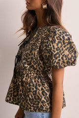 Leopard Print Cinched Lantern-Sleeve Slim Blouse