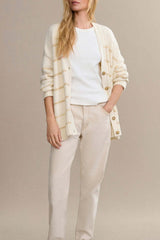 Striped Cotton V Neck Slouchy Knit Cardigan