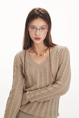 Cable Knit V-Neck Slouchy Slim Base Layer