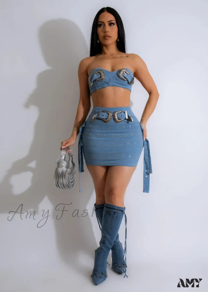 Adjustable Stylish Denim Strapless Skirt Suit Blue / S