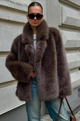 Brown Faux Fox Fur Wide Collar Mid-Length Fluffy Coat