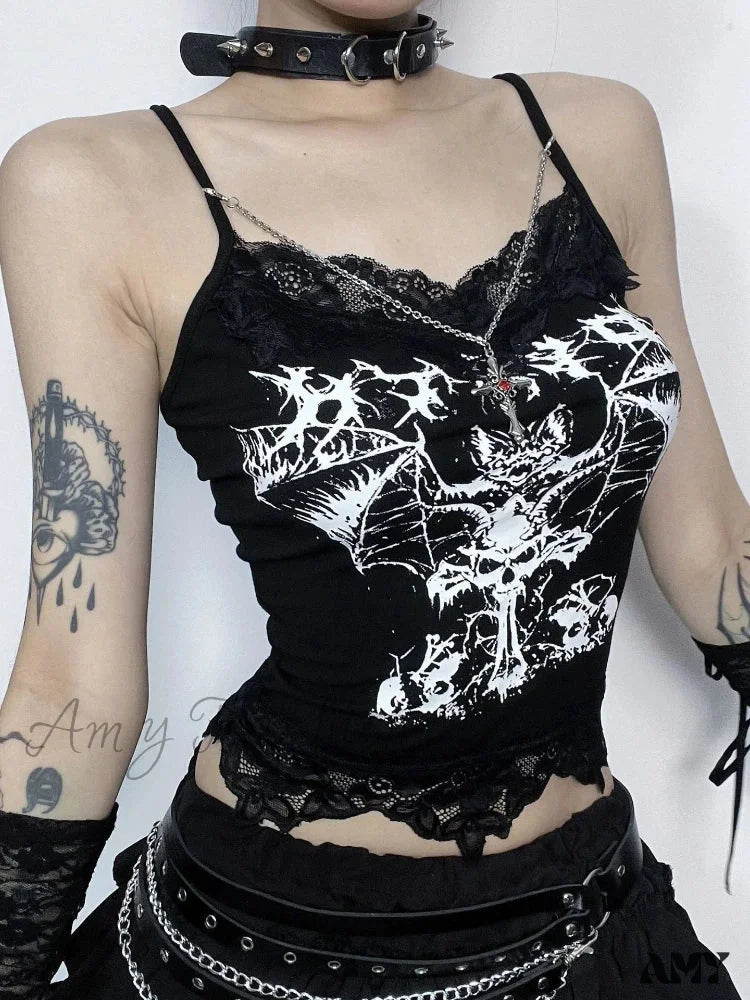 Aesthetic Punk Cartoon Print Grunge Y2K Emo Corset Sleeveless Camisole Crop Top