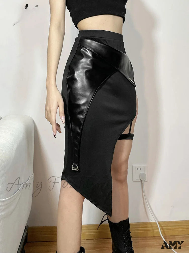 All-Match Black Elastic Fashionable Chic Simple Casual Handsome Cool Sexy Slit Waist Skirt